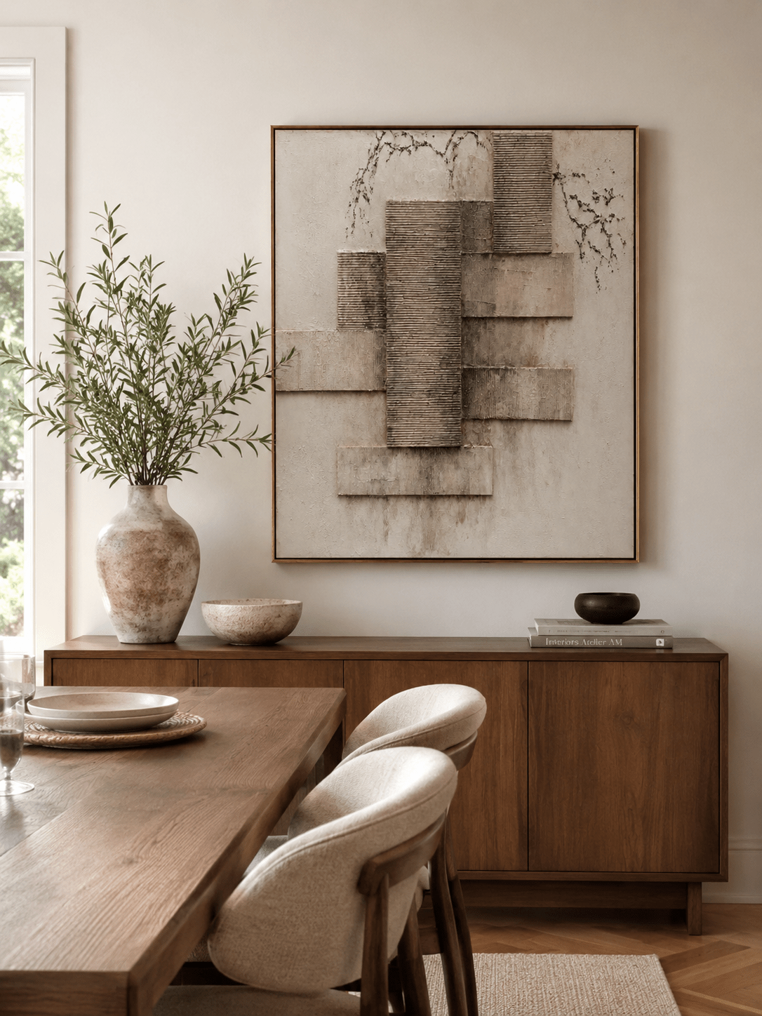 Japandi style textured wall art with minimalist geometric stone layer composition