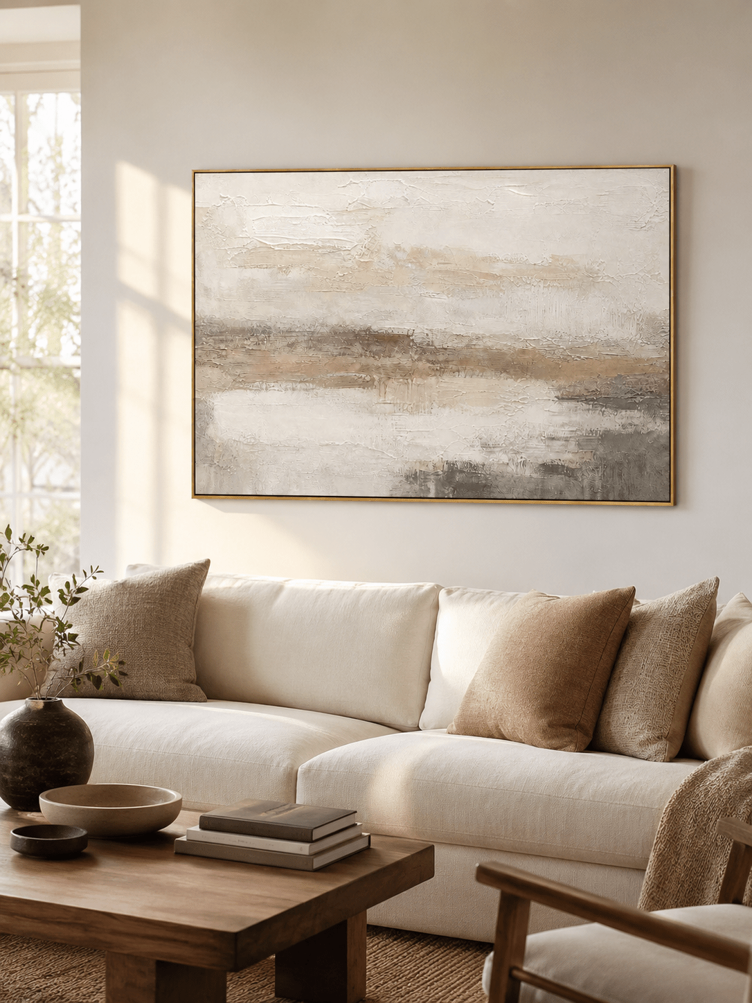 Neutral textured landscape wall art displayed above a cream living-room sofa