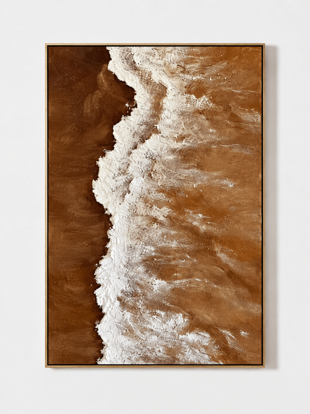 Hand-painted terracotta and white textured coastal wall art with foaming ocean waves by Maya Lin