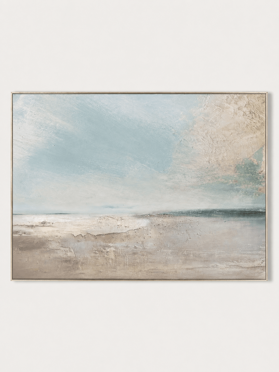 Hand-painted modern abstract seascape wall art in soft blue and neutral tones by Evelyn Li