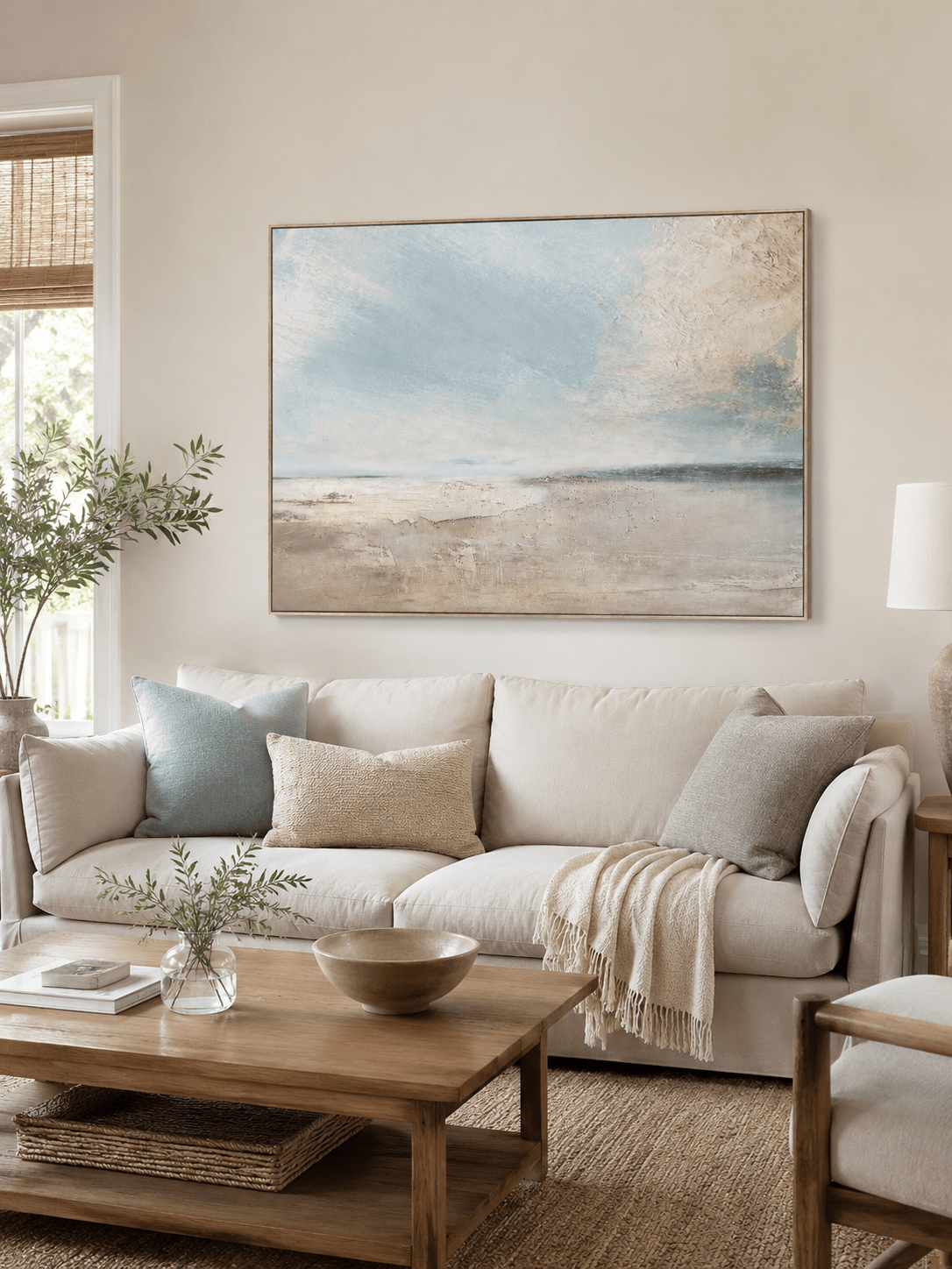 Horizontal coastal wall art with pale blue sky and quiet shoreline