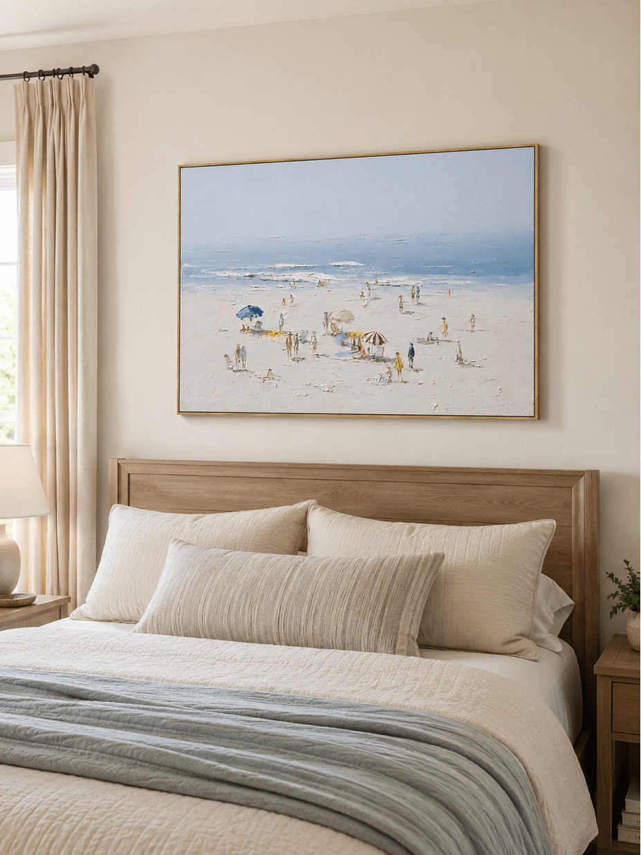 Horizontal summer beach painting with people and colorful umbrellas