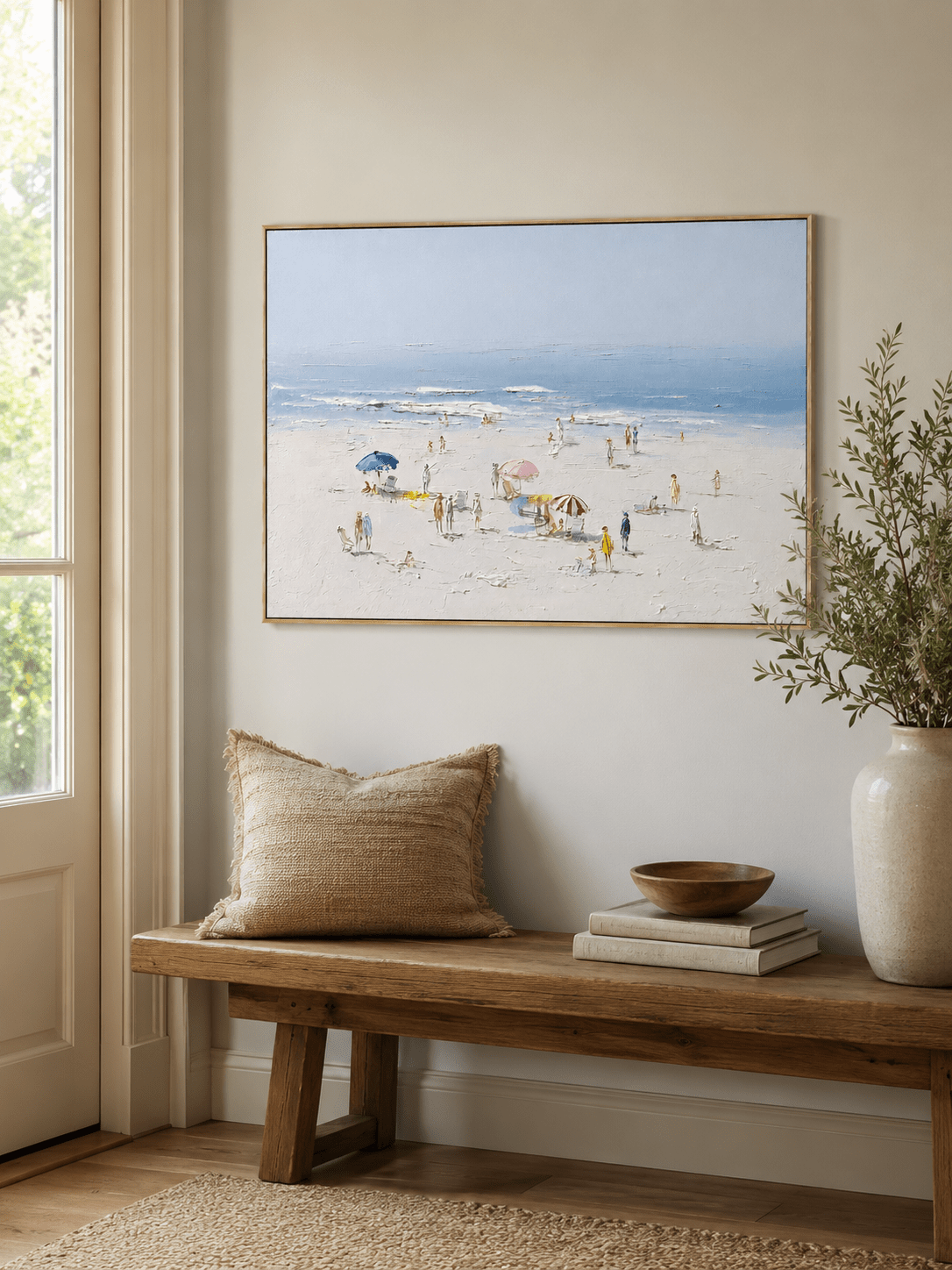 Textured impressionist seaside painting with families enjoying the shore