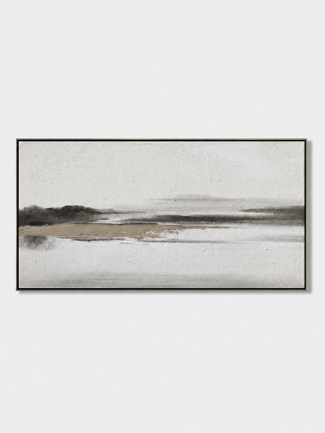 Hand-painted neutral landscape wall art with an ivory sky, charcoal horizon and beige shoreline by Evelyn Li