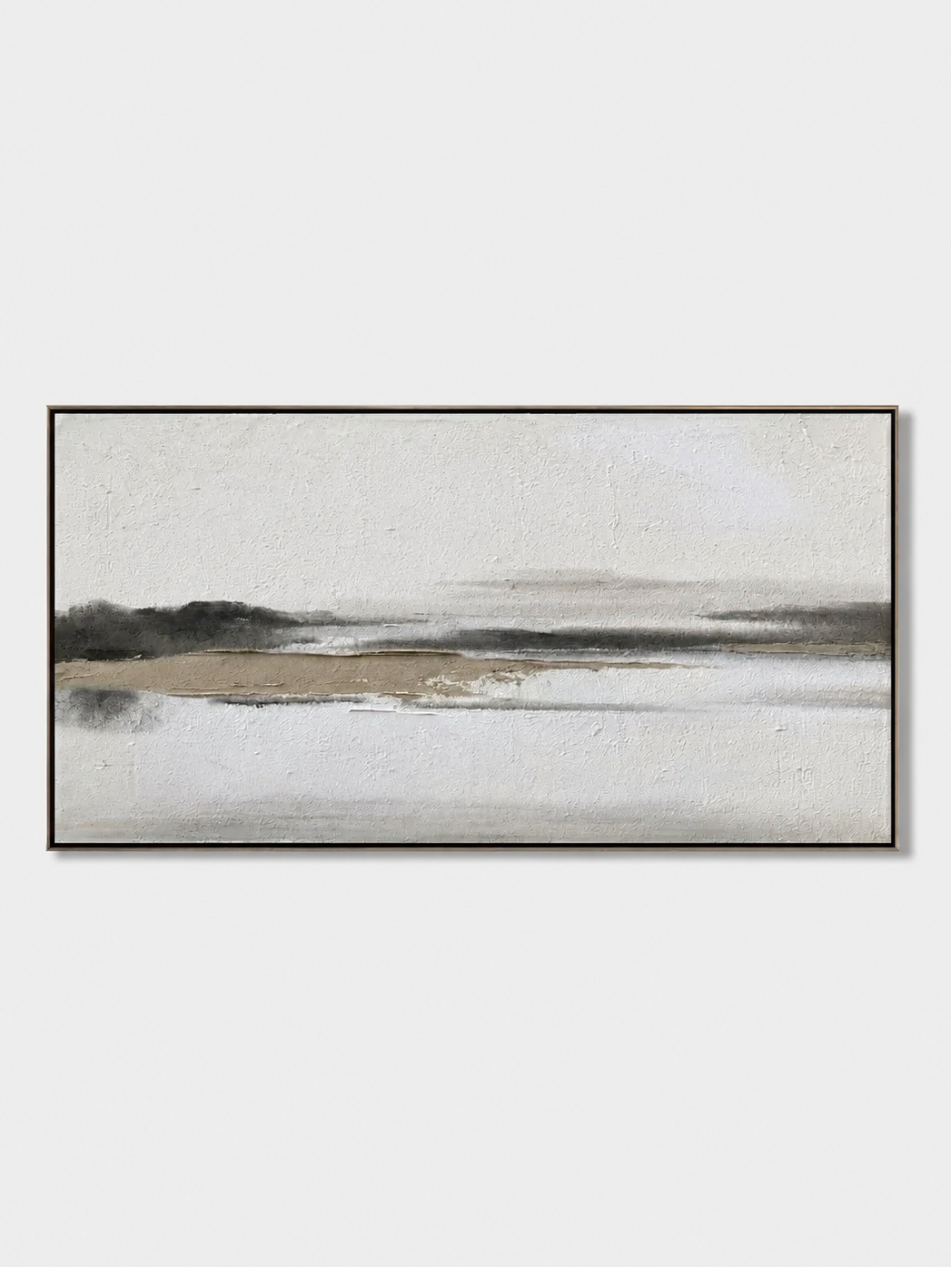 Hand-painted neutral landscape wall art with an ivory sky, charcoal horizon and beige shoreline by Evelyn Li