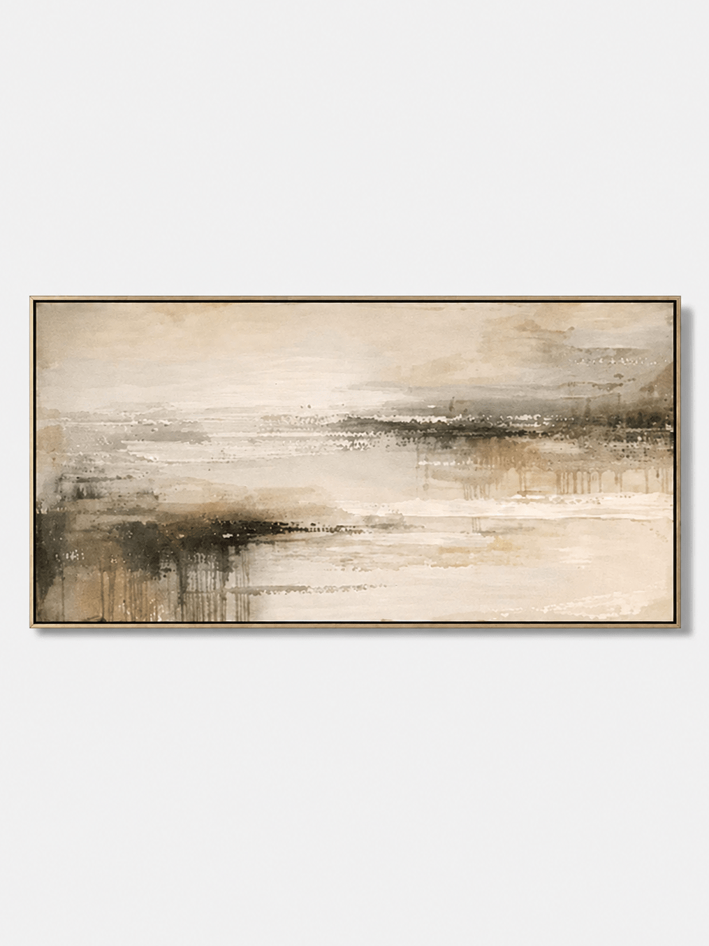 Hand-painted neutral abstract landscape wall art in beige, taupe and charcoal with a misty wetland horizon by Evelyn Li