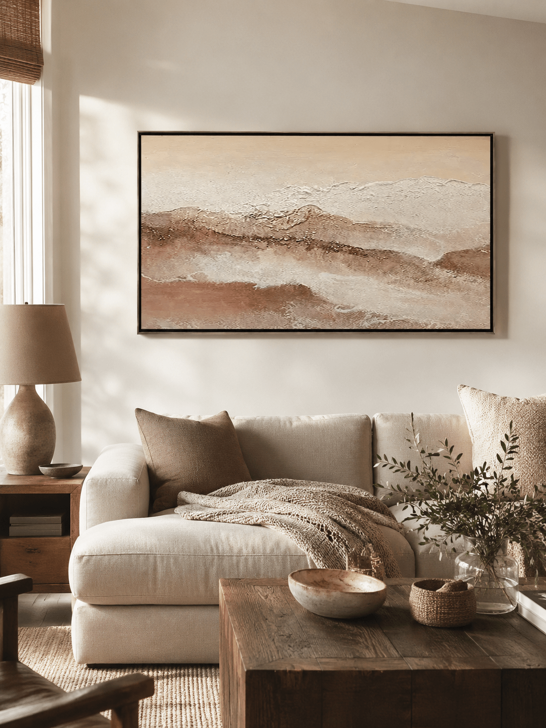 Panoramic abstract desert landscape wall art in soft neutral tones