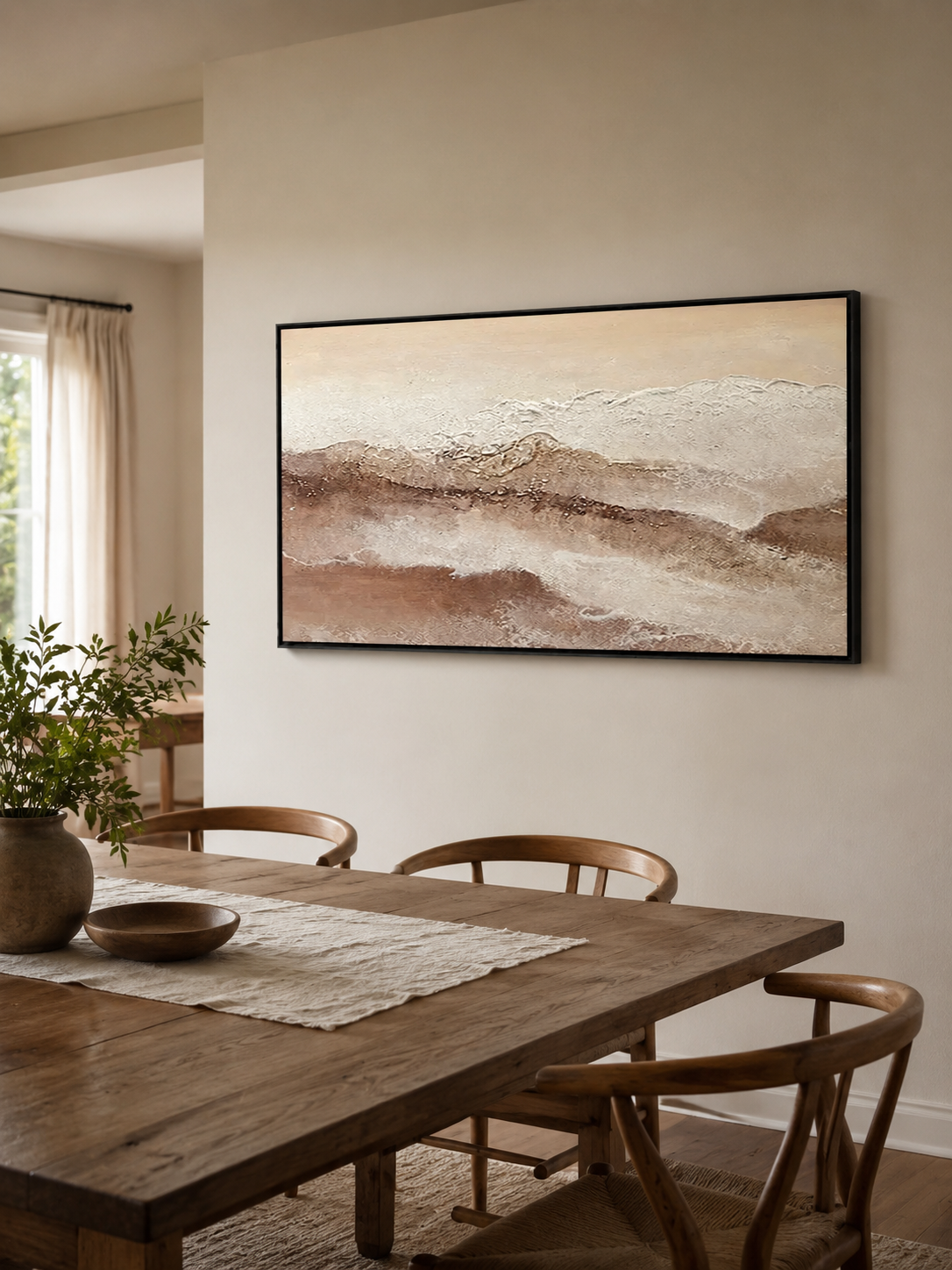 Textured earth tone landscape painting with layered horizon