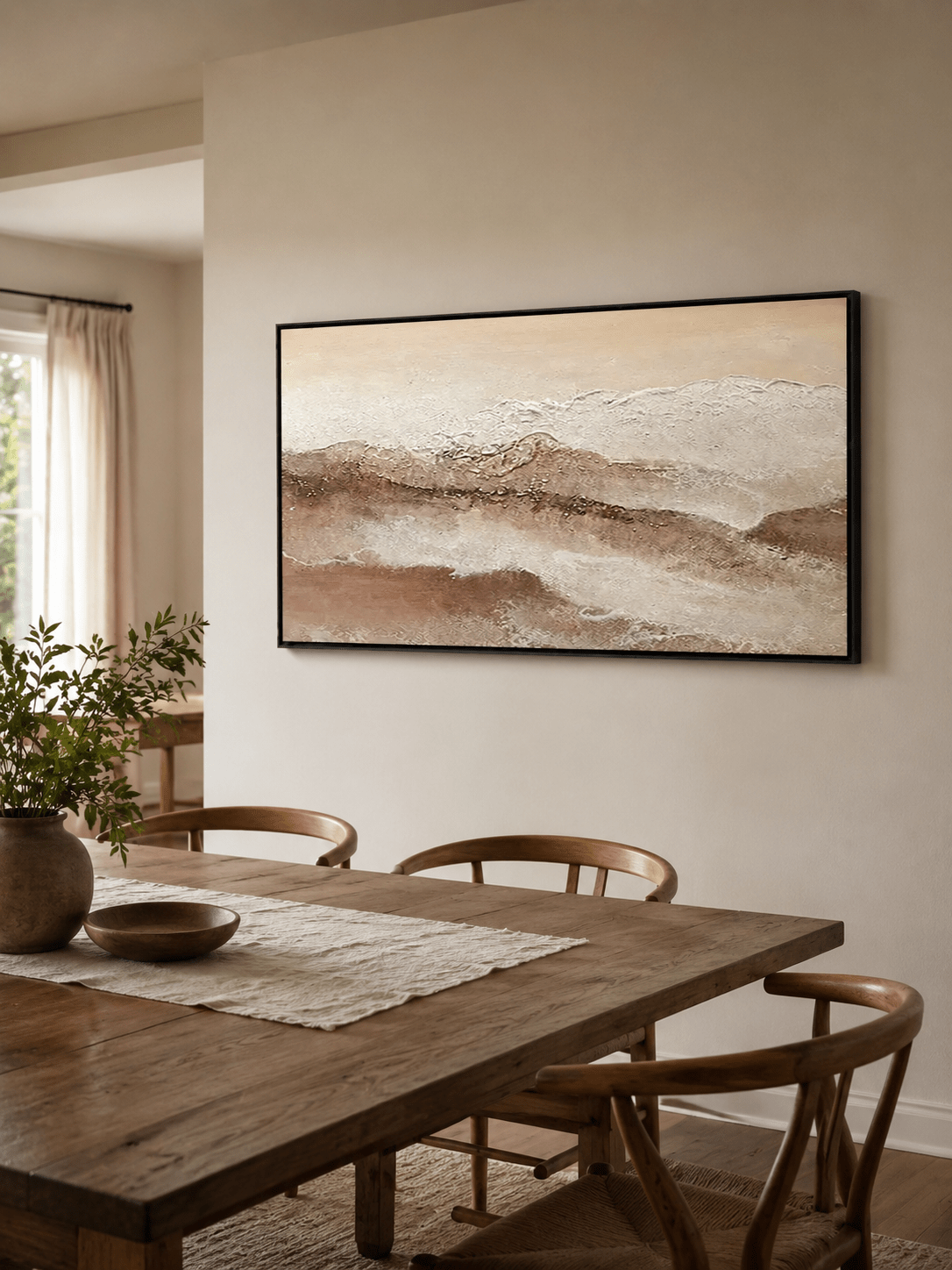 Textured earth tone landscape painting with layered horizon