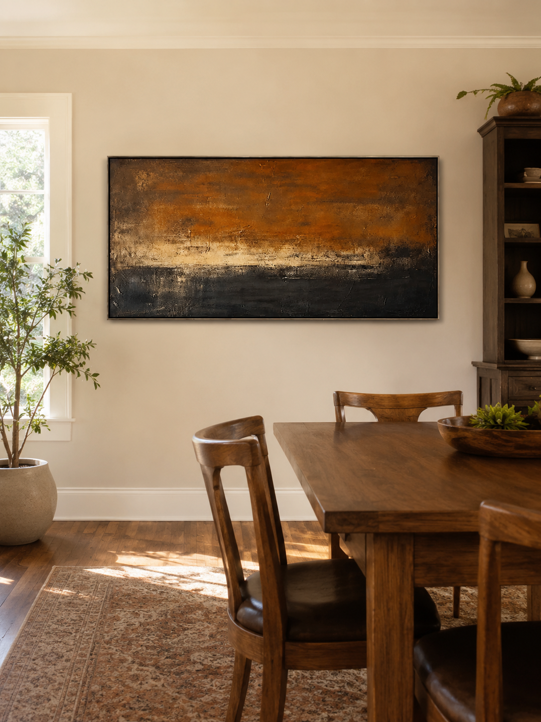 Textured burnt-orange wall art with charcoal and copper-brown layers