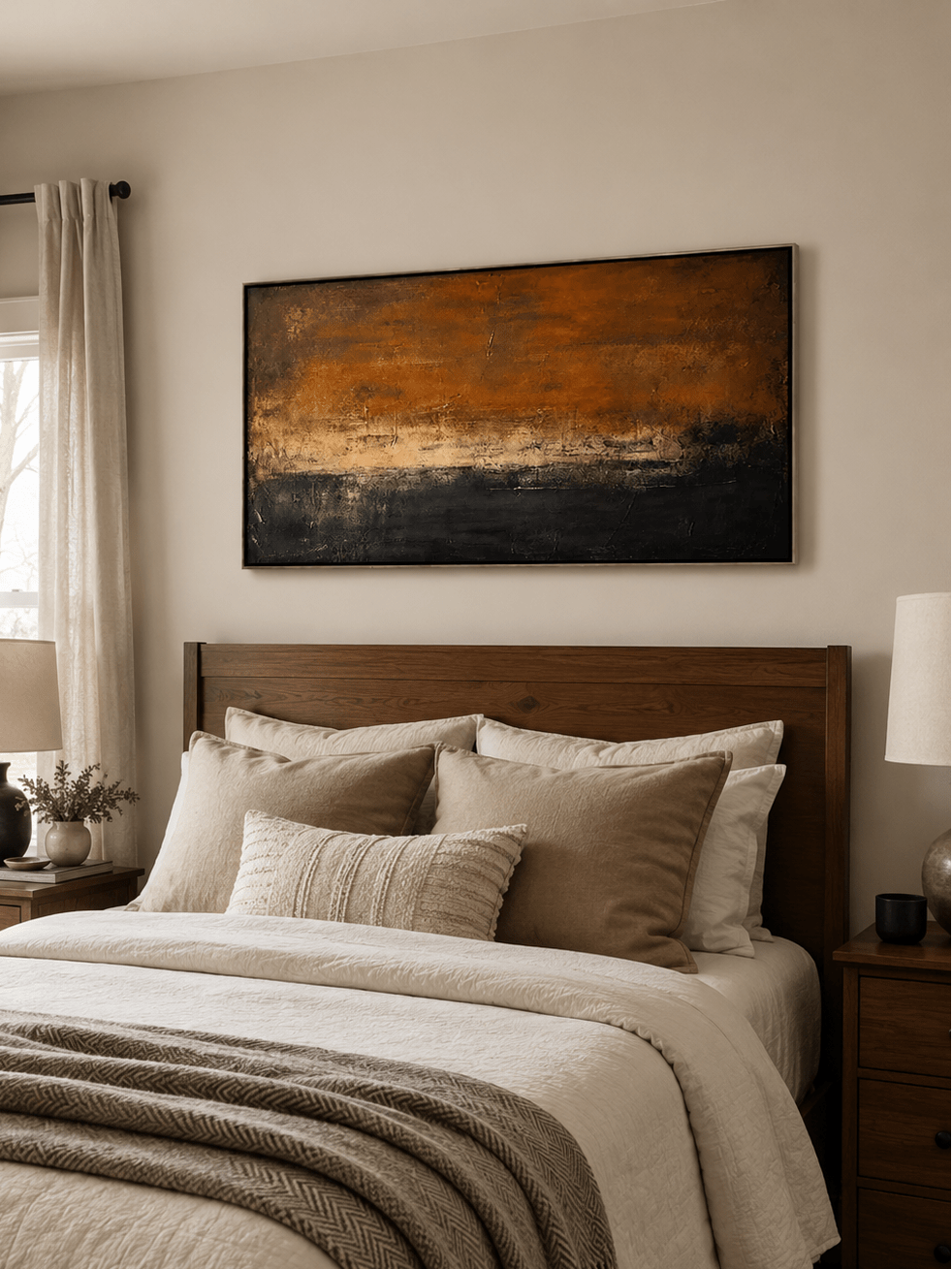 Panoramic orange and black abstract painting with a glowing horizon