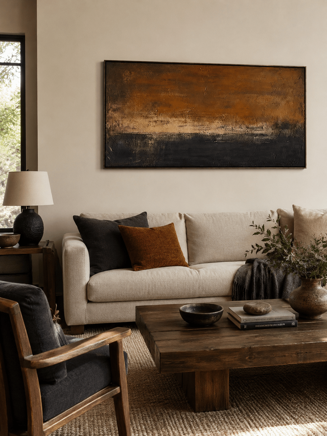 Industrial abstract wall art displayed above a modern beige sofa