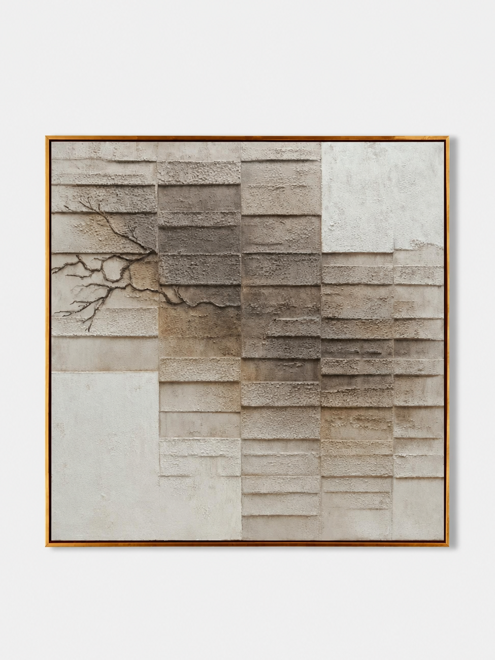 Hand-painted neutral textured geometric wall art with layered ivory, taupe and grey relief blocks by Eliot Vermeer