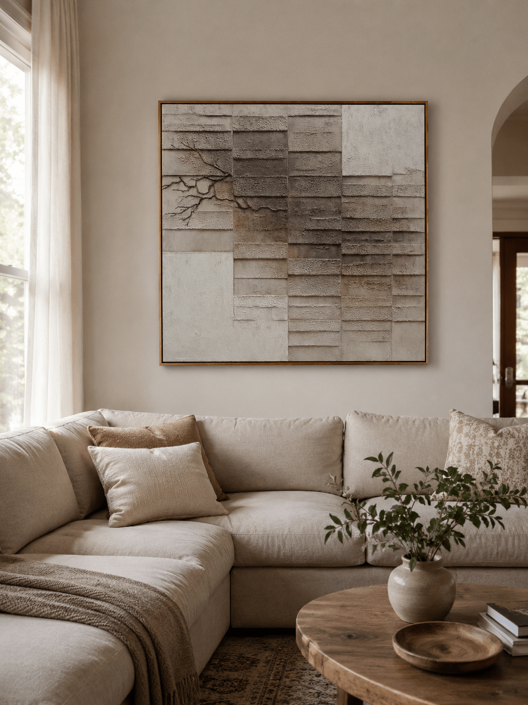 Wabi-Sabi textured wall art displayed above a neutral living-room console