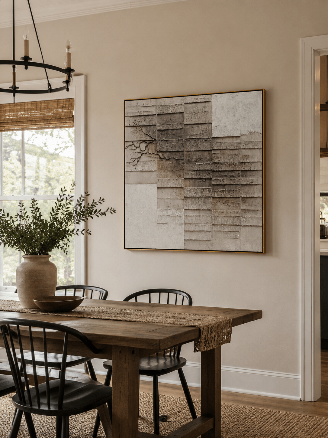 Square geometric abstract painting in ivory, greige and taupe