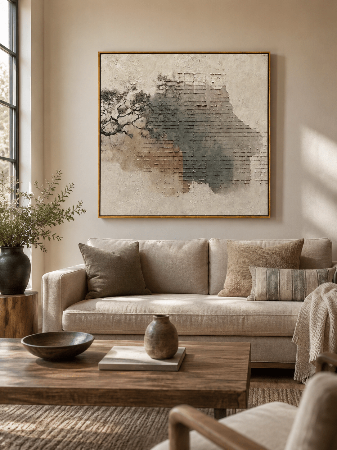 Wabi-Sabi geometric wall art displayed above a neutral console table