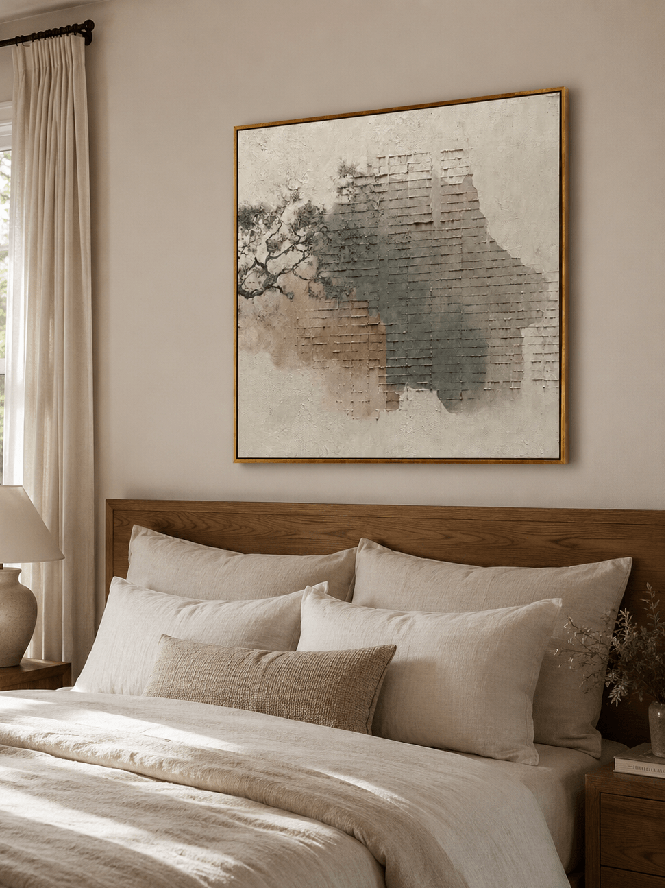 Square neutral abstract painting with layered geometric plaster texture
