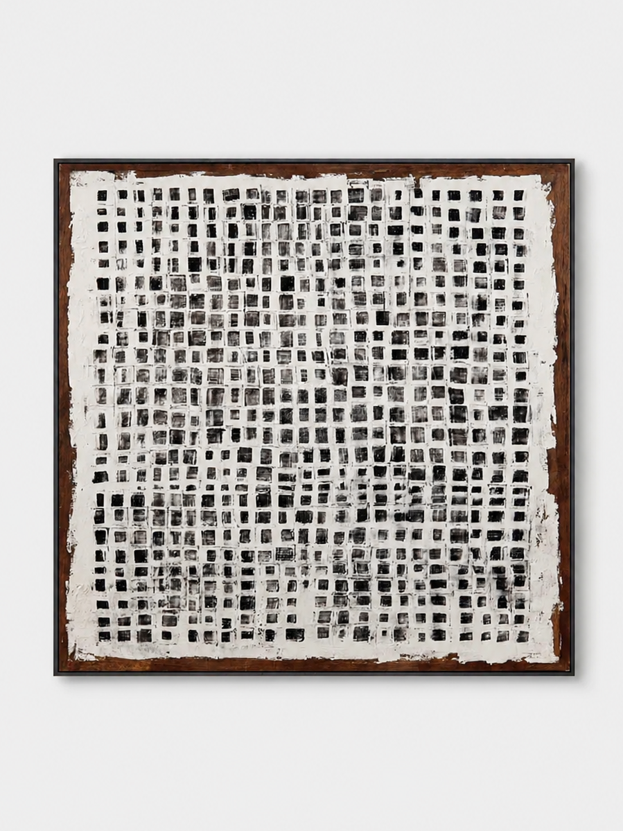 Hand-painted monochrome geometric wall art with black and white grid pattern by Eliot Vermeer