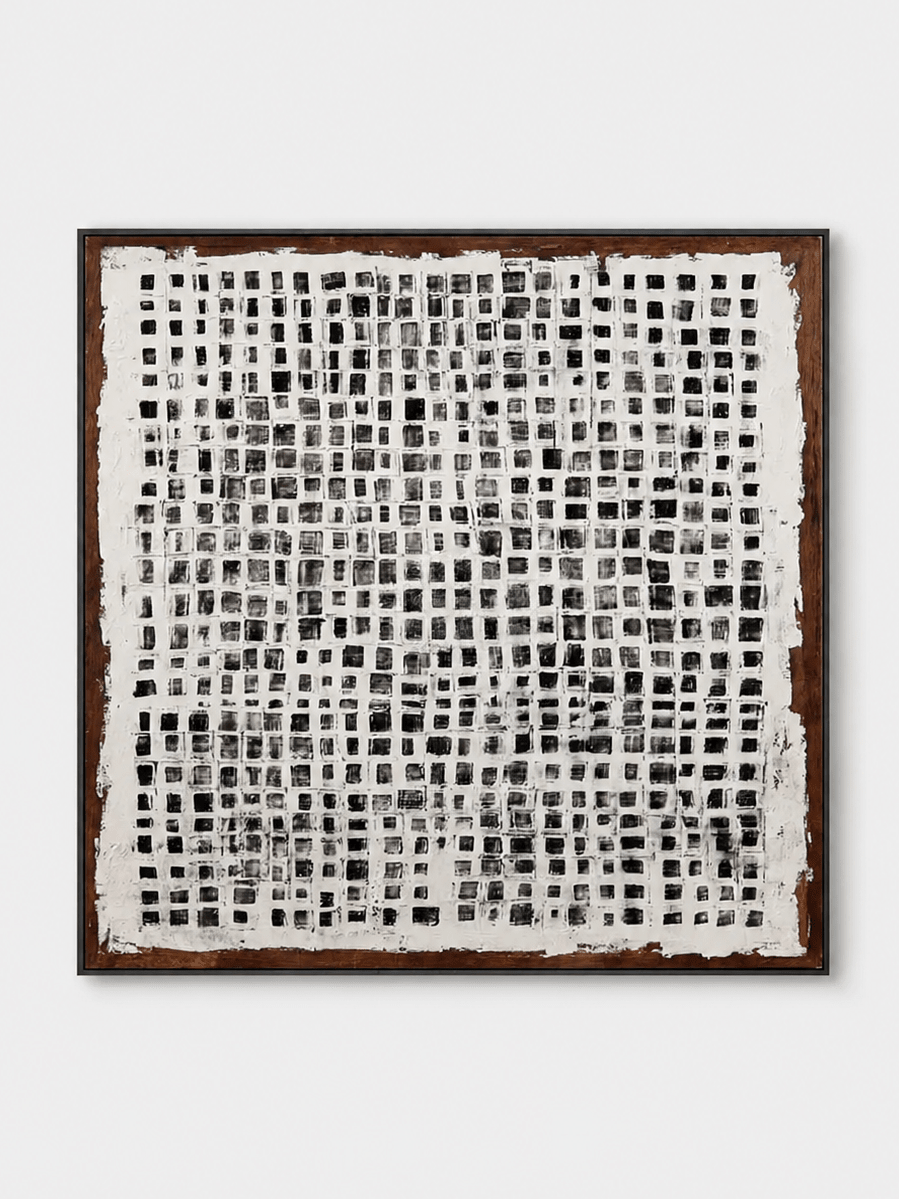 Hand-painted monochrome geometric wall art with black and white grid pattern by Eliot Vermeer