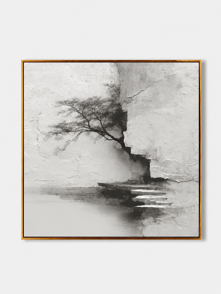 Wabi sabi lone tree hand-painted wall art in soft white, gray and charcoal tones on a clean white background
