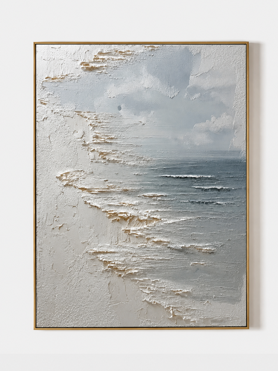 Hand-painted minimalist textured ocean waves wall art in soft white and blue-gray tones on a clean white background