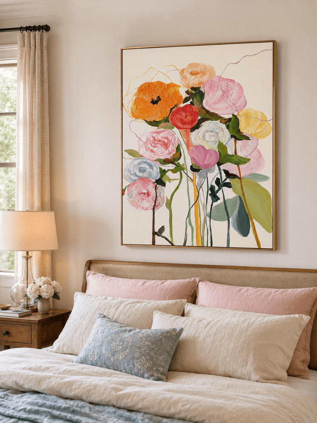 Pastel abstract flower painting displayed above the bed in a bright modern bedroom