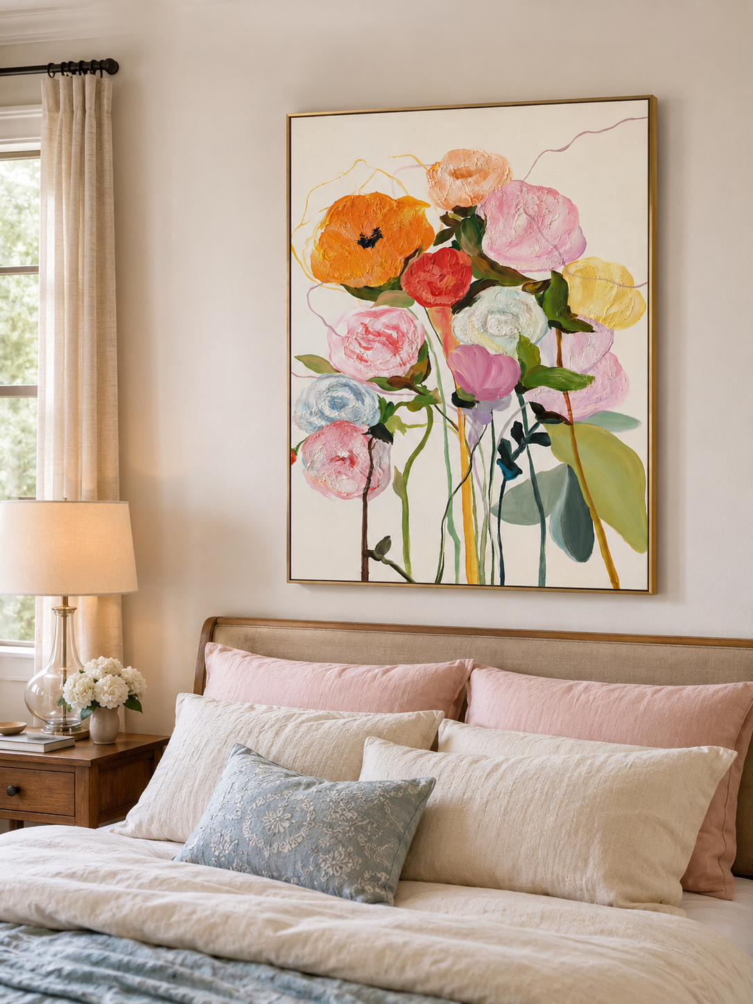 Pastel abstract flower painting displayed above the bed in a bright modern bedroom
