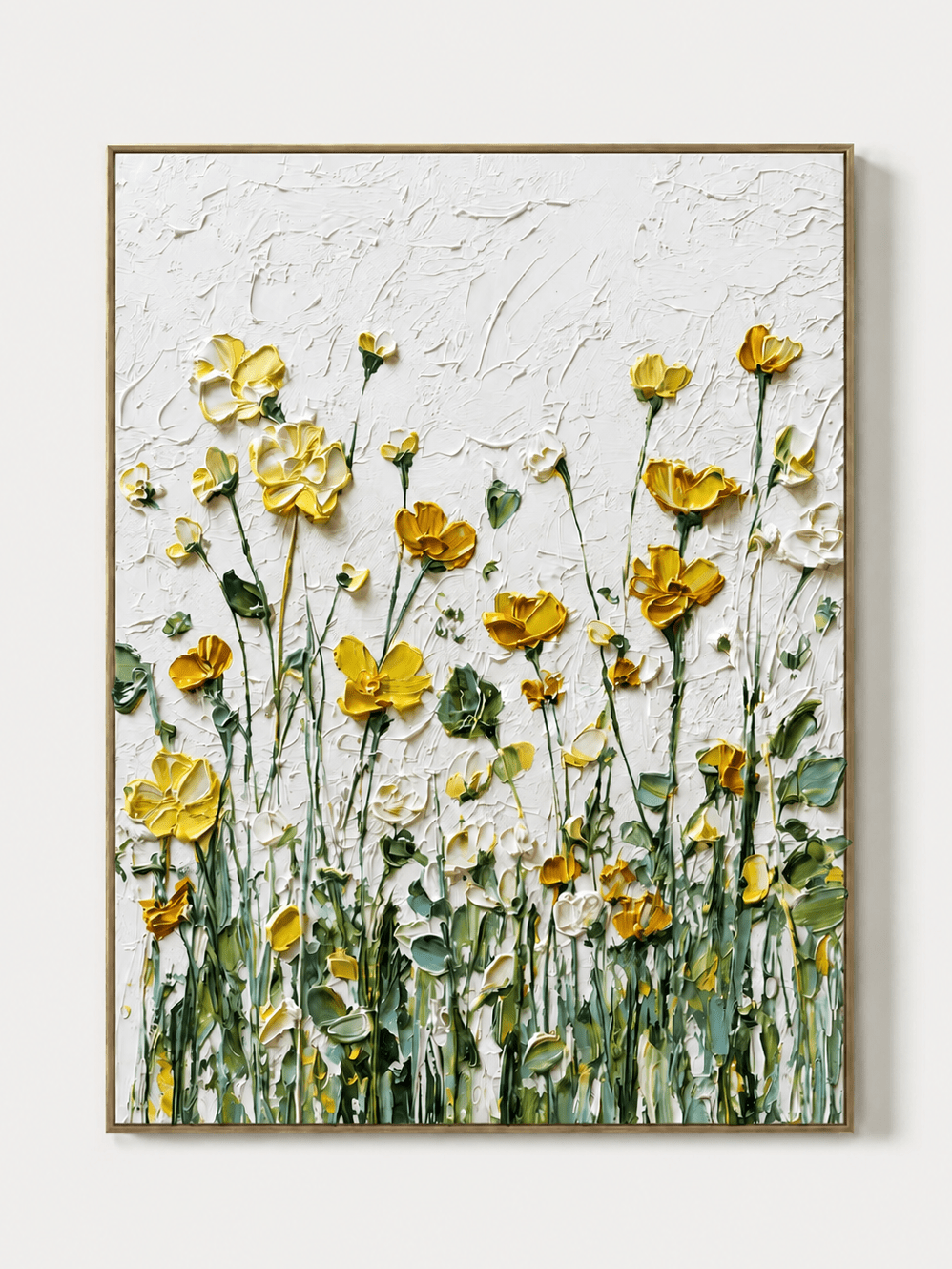 Yellow wildflower impasto wall art with raised flowers and green stems on a clean white background