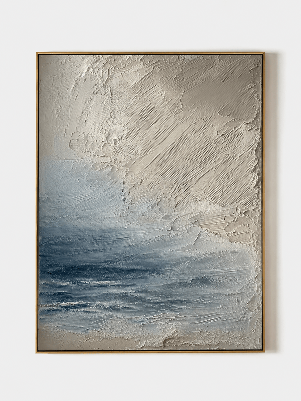 Hand-painted neutral ocean wall art with ivory texture and blue-gray waves on a white background