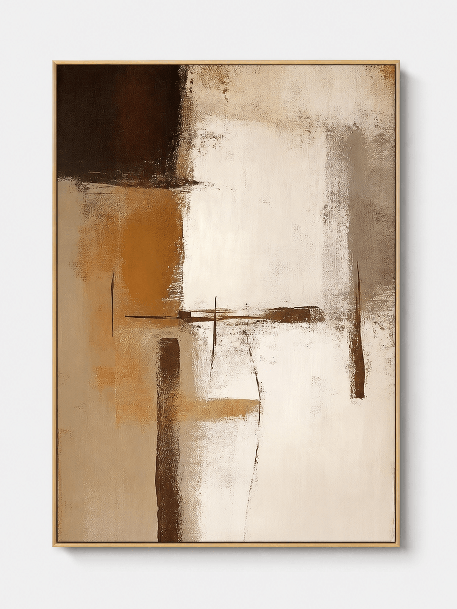 Geometric abstract wall art in ivory, beige, caramel and dark brown on a clean white background