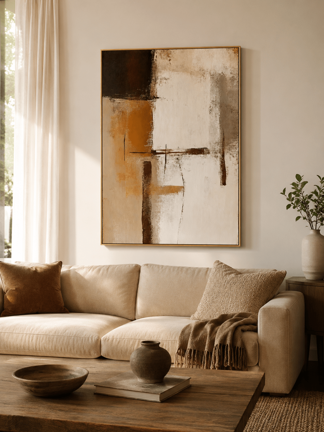 Earth-tone geometric wall art displayed above a neutral sofa in a modern minimalist living room