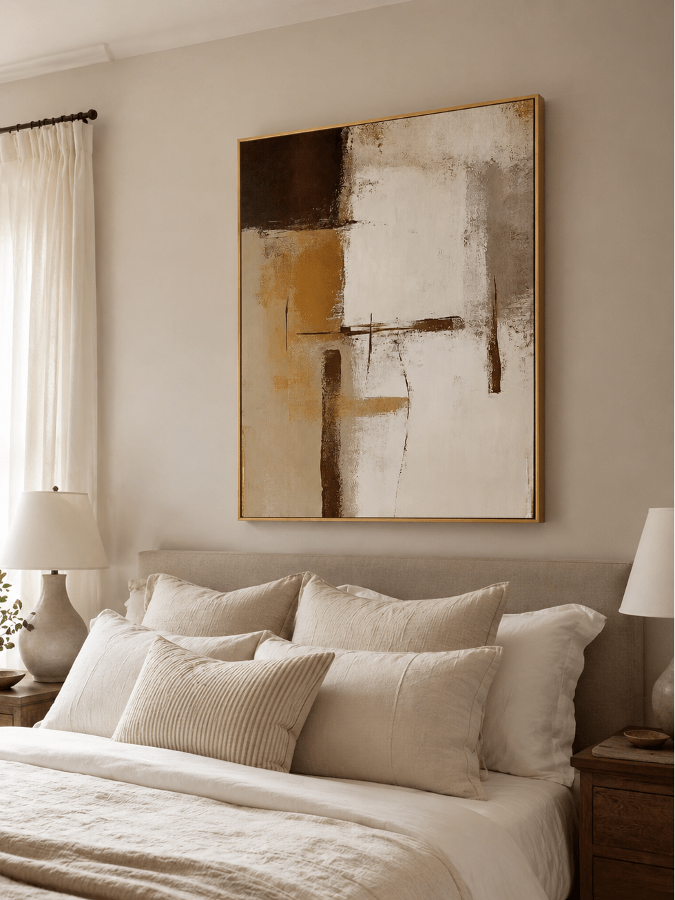 Beige and brown abstract painting displayed above the bed in a warm neutral bedroom