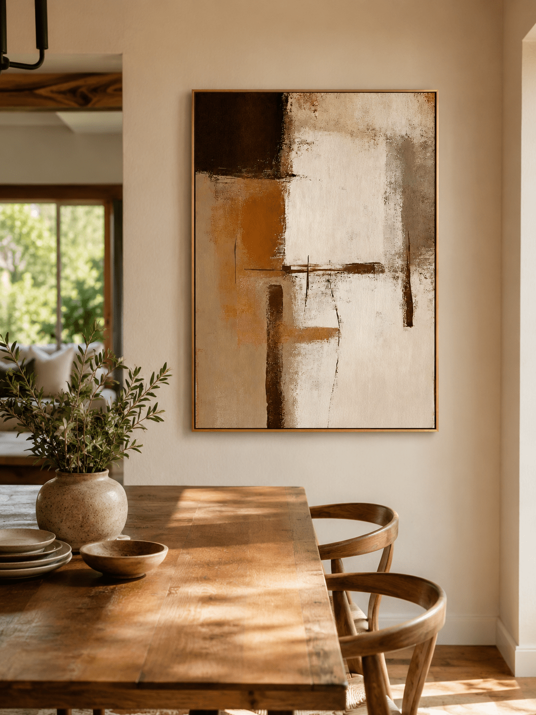 Hand-painted geometric abstract wall art displayed in a modern open-plan dining room