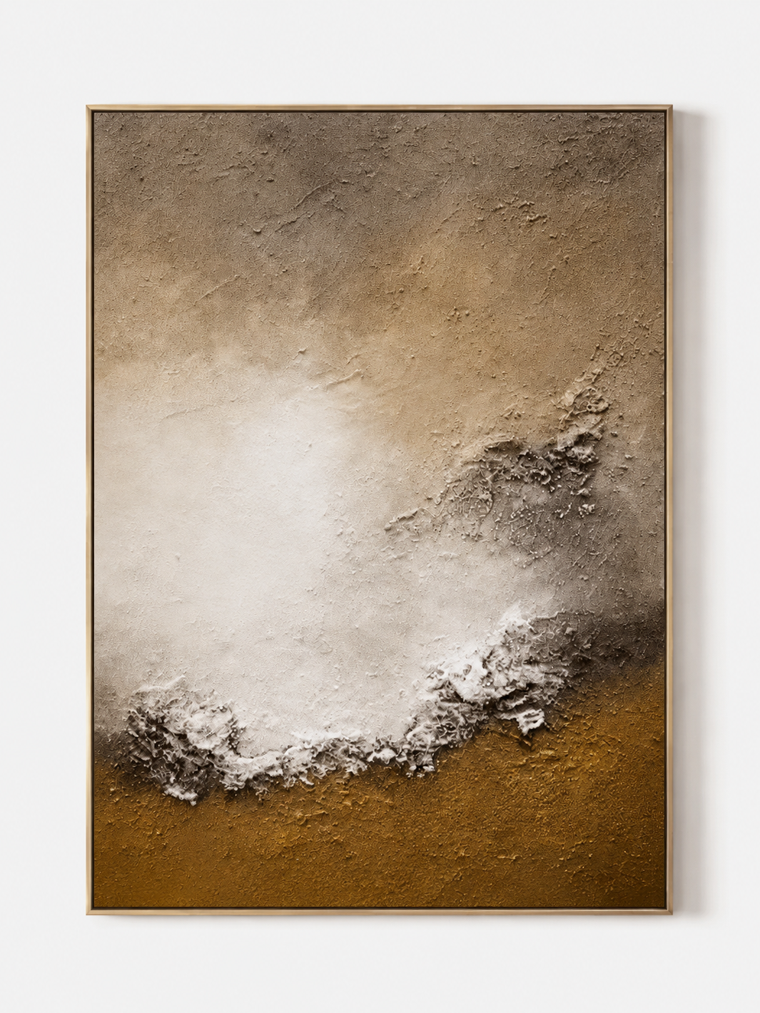Earth-tone shoreline wall art with textured white waves and ochre-brown sand on a clean white background