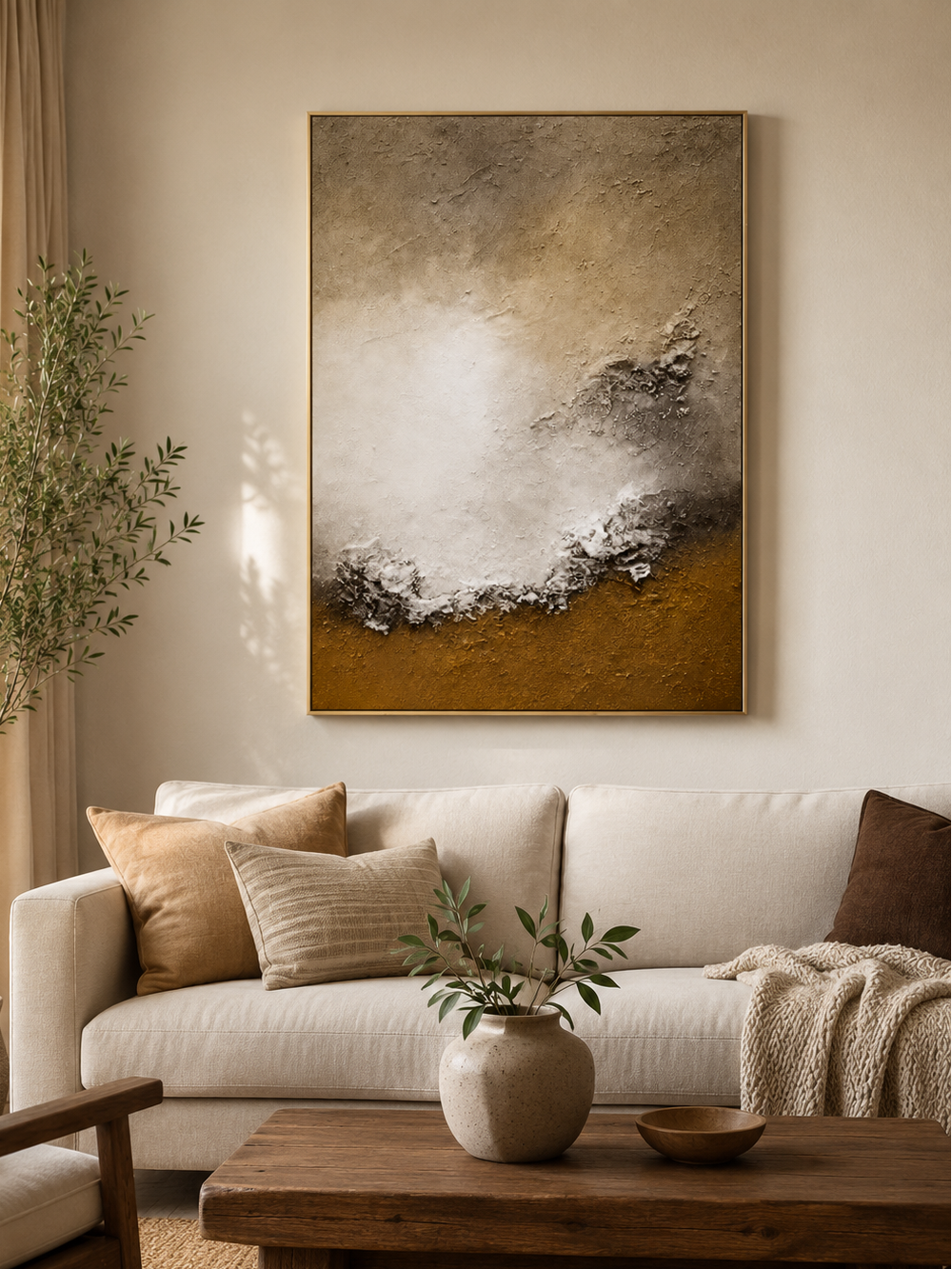 Earth-tone coastal wall art displayed above a neutral sofa in an organic modern living room