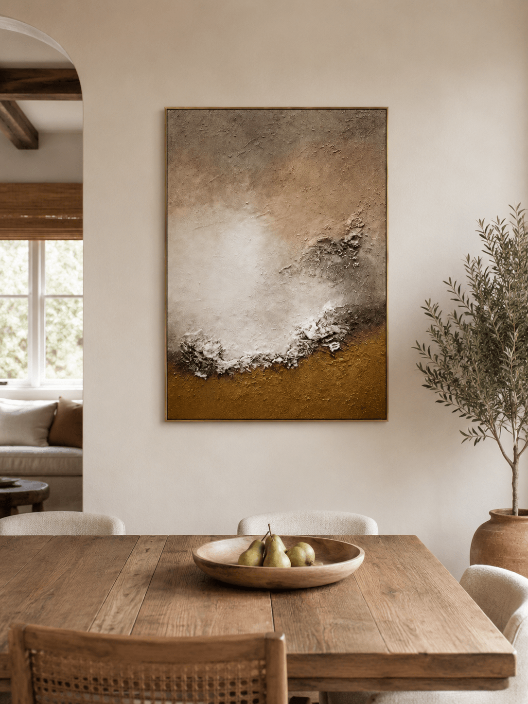 Hand-painted textured coastal wall art displayed in a modern open-plan dining room