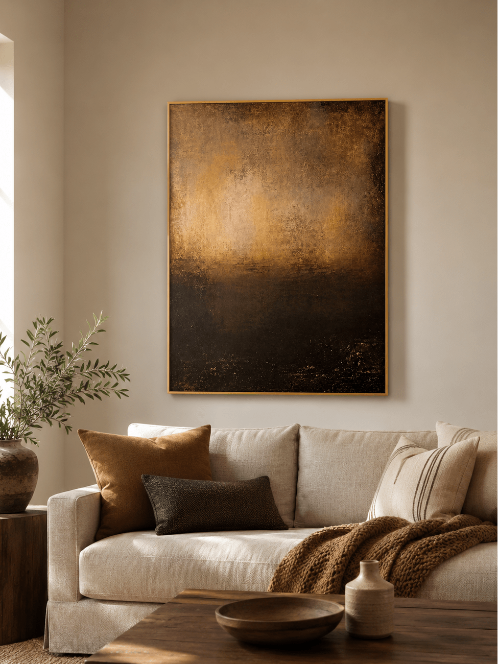 Bronze brown abstract wall art displayed above a neutral sofa in a contemporary living room
