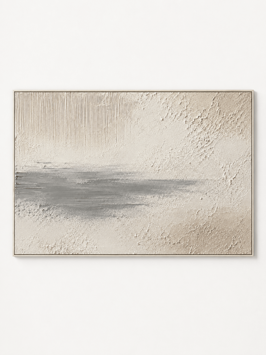 Hand painted wabi sabi textured wall art with neutral beige surface and soft grey horizon by Evelyn Li