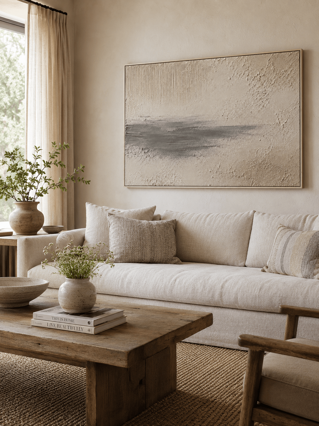 Minimalist textured wall art with beige plaster texture and soft grey horizontal detail