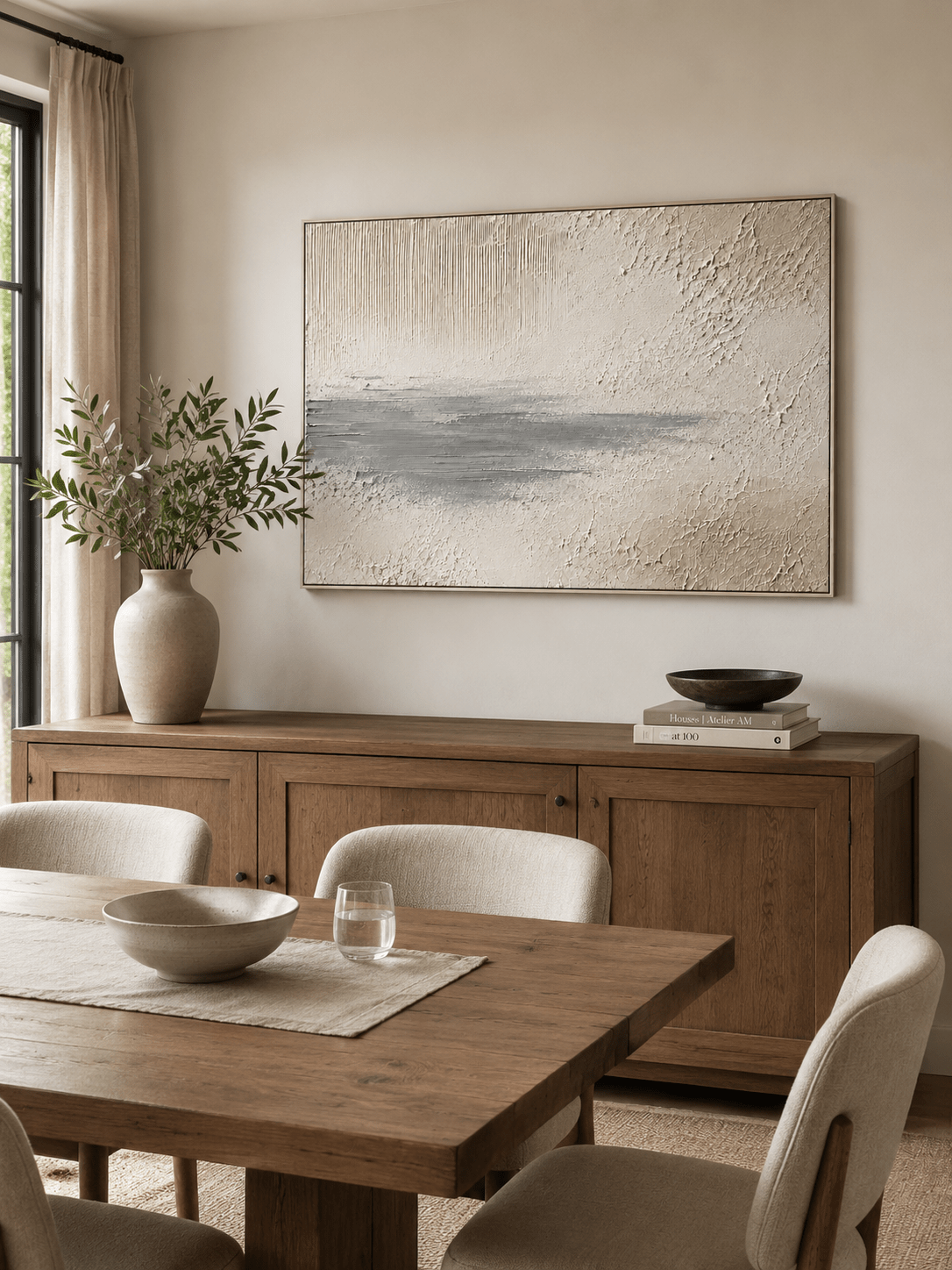 Hand painted beige and grey horizontal canvas art by Evelyn Li