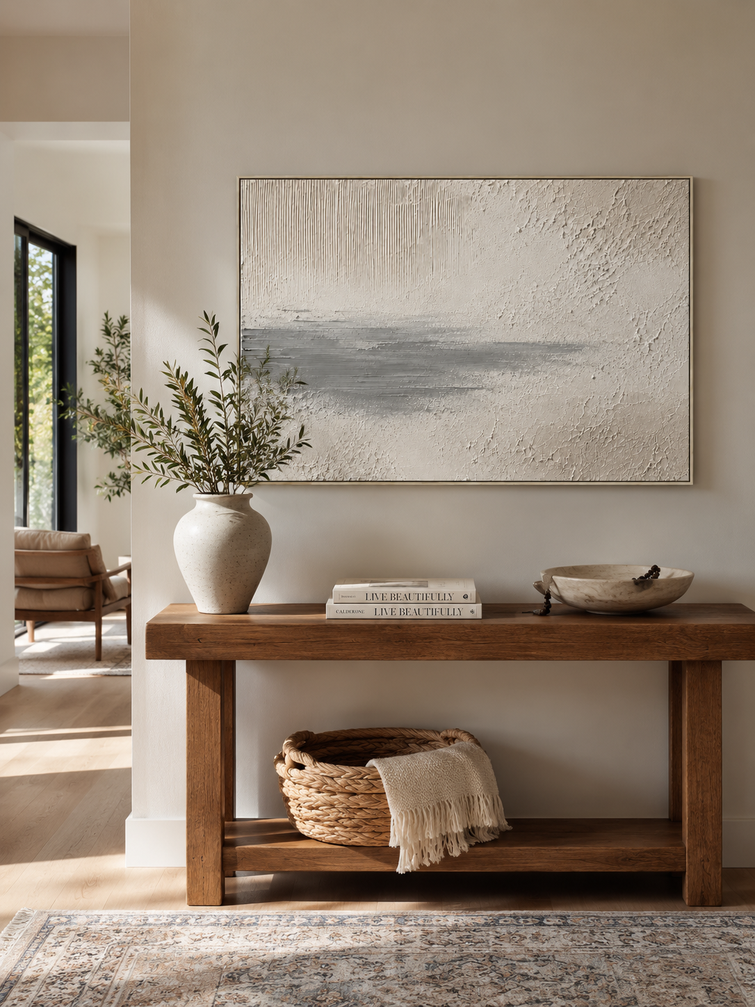 Organic modern wall art with plaster texture and minimalist grey horizon