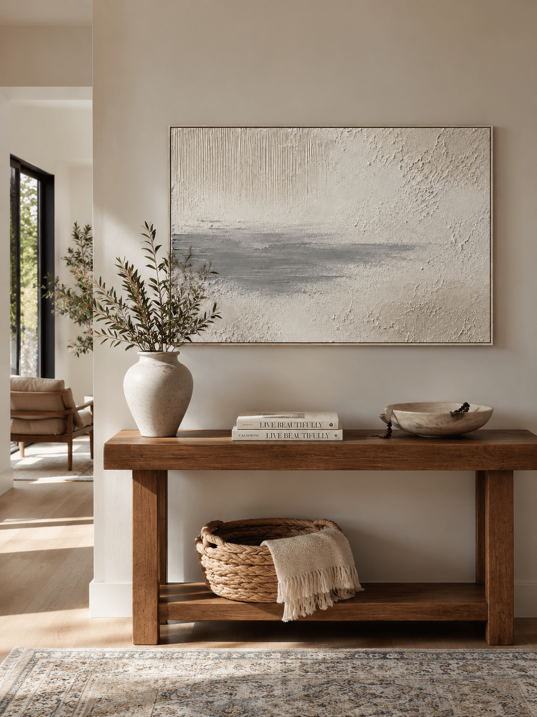 Organic modern wall art with plaster texture and minimalist grey horizon