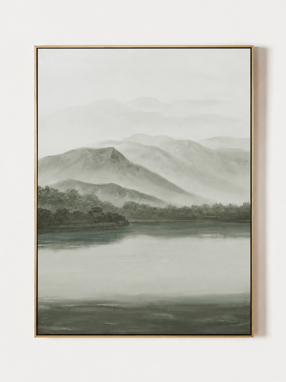 Hand painted sage green misty mountain landscape wall art with calm lake view by Evelyn Li