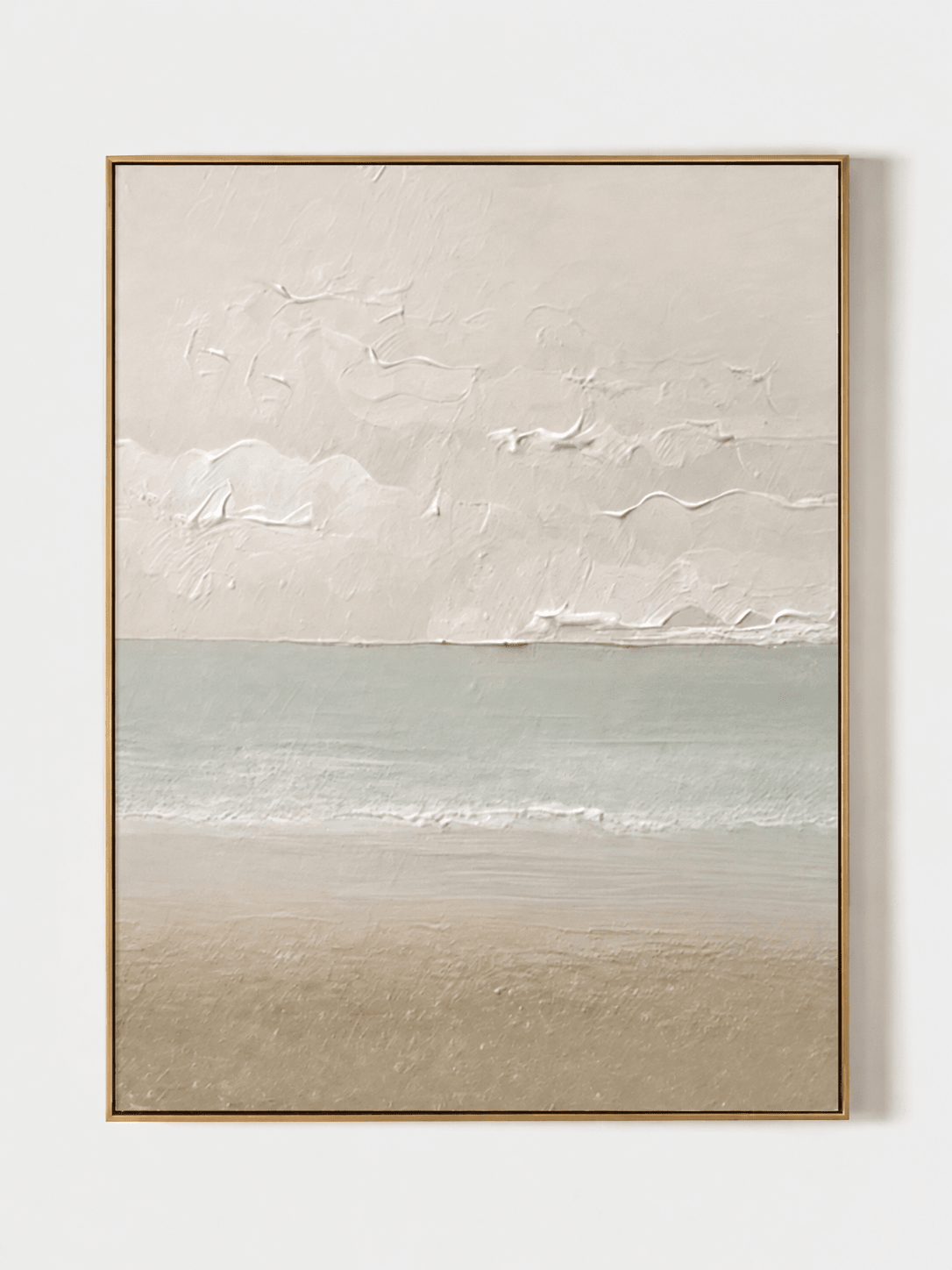 Hand painted minimalist coastal wall art with soft beige beach and seafoam green ocean horizon by Evelyn Li