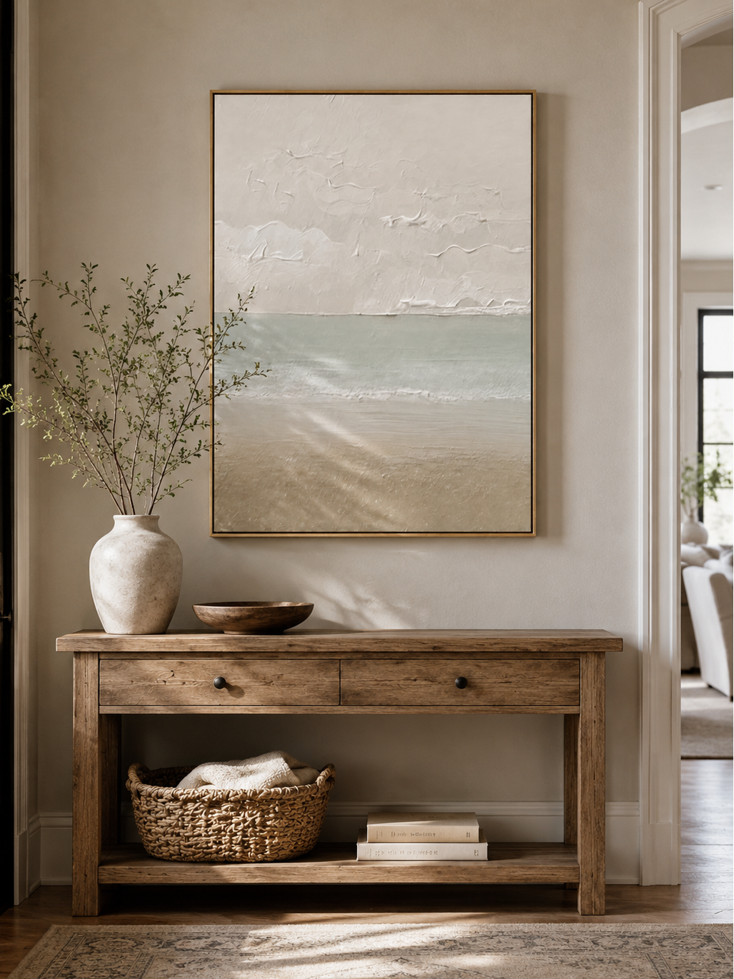 Hand painted beach wall art with calm sea horizon and neutral colors