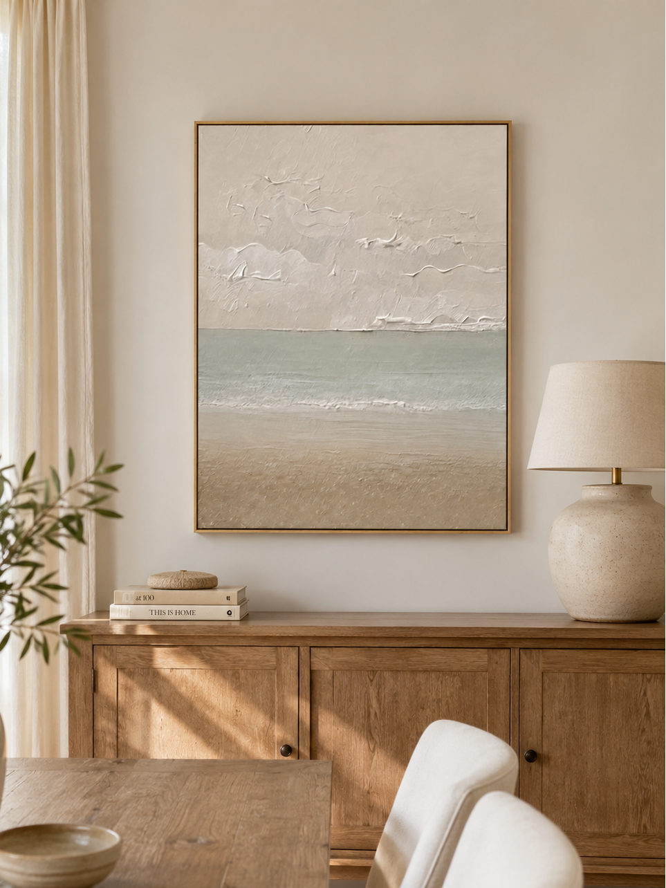 Neutral coastal canvas painting for modern beach house and calming home decor