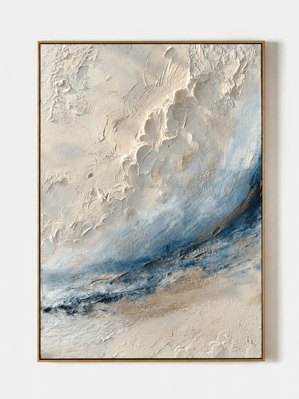 Hand painted 3D textured ocean wall art with blue coastal wave and cream white impasto texture by Leo Liang