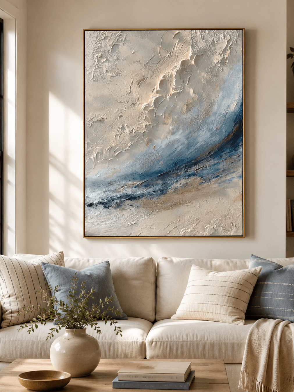 Modern textured ocean wall art with blue wave and raised cream white surface