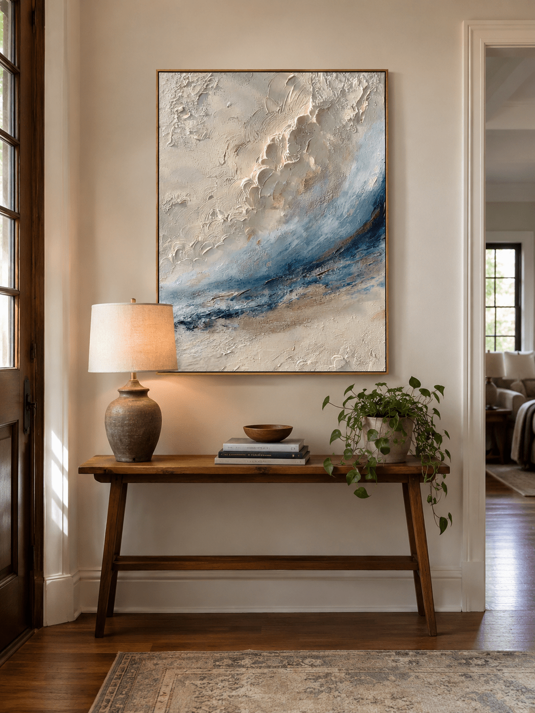 Textured wave wall art with ocean blue, beige and cream coastal tones