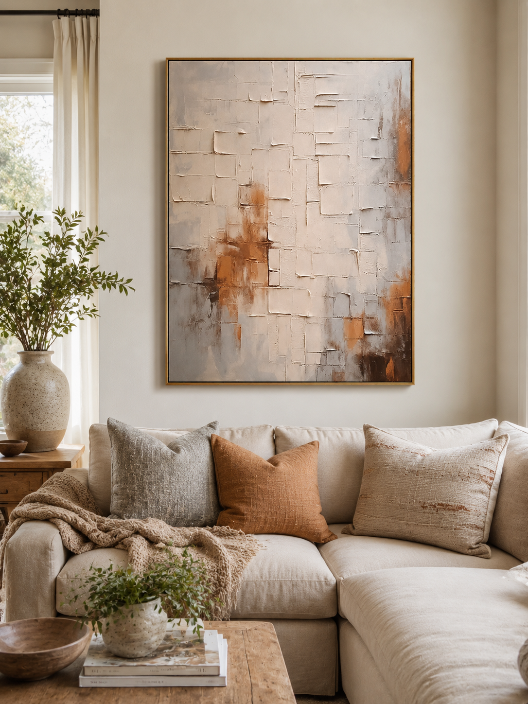 Modern textured abstract wall art with beige, taupe, rust orange and warm brown accents
